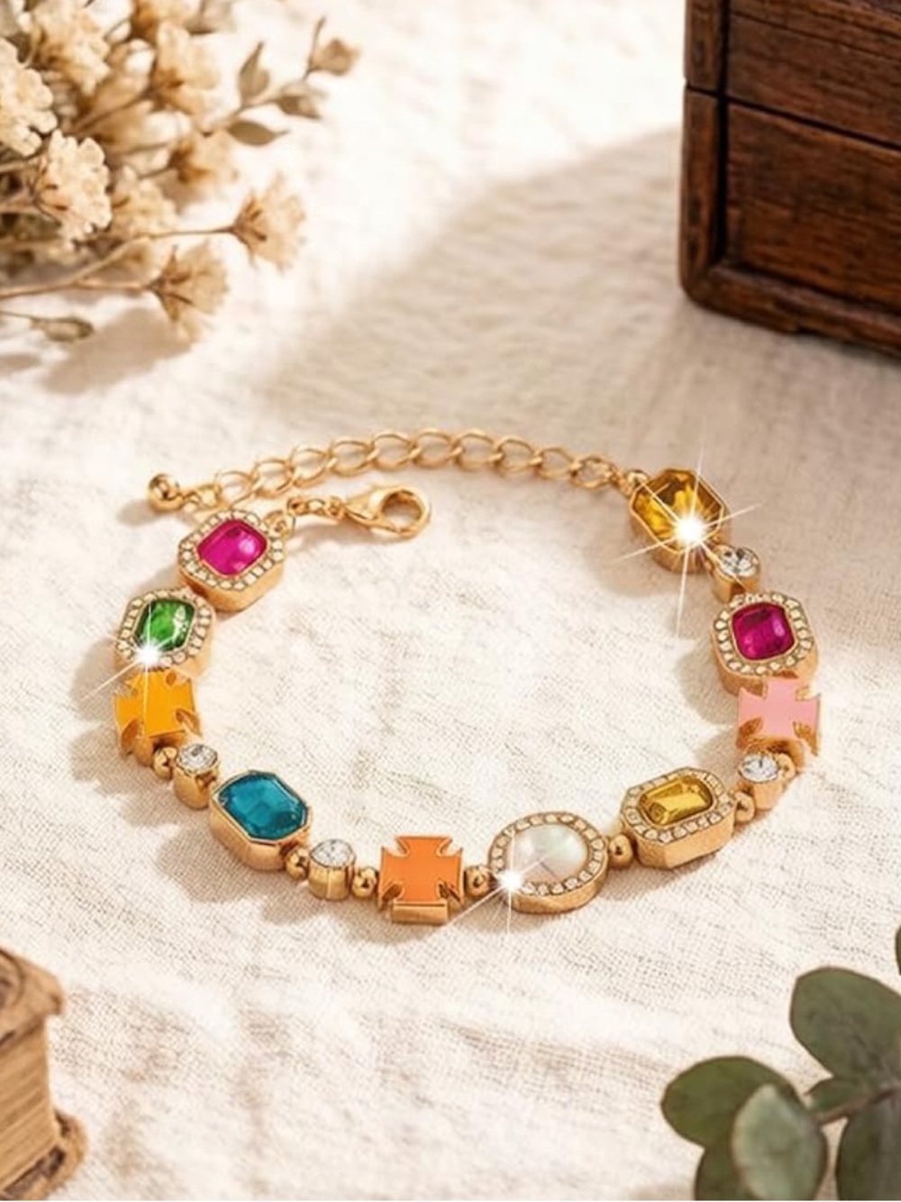Gold Multicolor Gemstone Bracelet with Pink, Green and Blue Accents